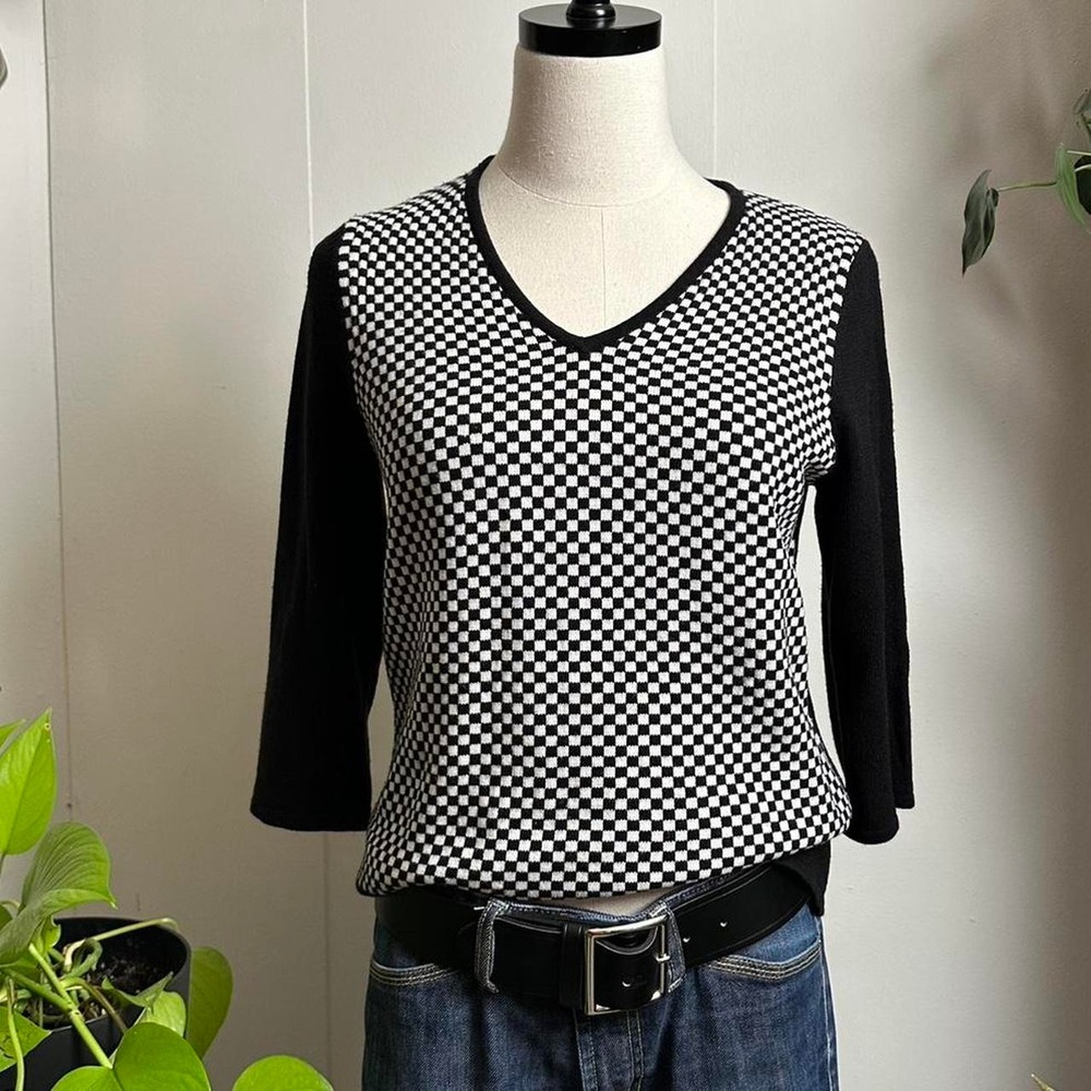 Designers Original Checkered V-Neck Sweater Black White 3/4 Sleeve Retro Medium